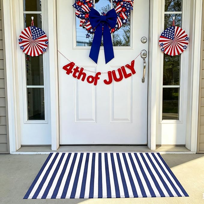 CAINANEL Blue and White Striped Rug 4th of July Door Mat Summer Front Porch Rug Independence Day Welcome Doormats for Farmhouse Entrance Porch Outdoors Decor(Blue and White, 24'' x 35'')