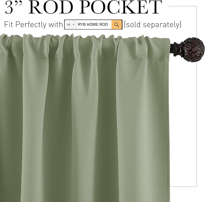 RYB HOME Cafe Blackout Curtains 24 inch Length, RV Curtains for Camper Windows, Mini Short Small Insulating Light UV Blocking Privacy Half Window Tiers, Width 29 by Length 24, Sage Green, 2 Panels