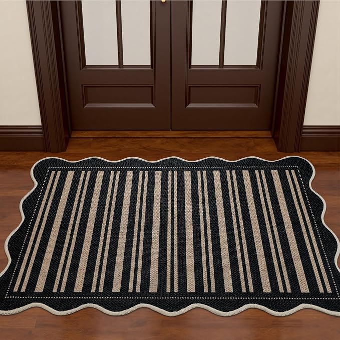 EDIMENS 2x3 Front Door Mat Easy Jute Scalloped Doormat Small Entryway Rug | Striped Non-Slip Washable Area Rug Low Pile Black Indoor Outdoor Farmhouse for Entrance Entry Front Porch Doorway