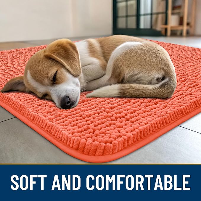 Smiry Dog Door Mat for Muddy Paws 30x20, Absorbent Dirt Trapper, Non-Slip Washable Chenille Entryway Rug for Inside Floor, Coral, Classic Solid
