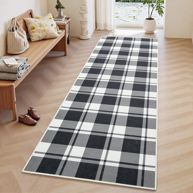 AROGAN Checkered Jute Runner Rug for Hallway, 2x8 Kitchen Runner Washable Rugs Carpet, Long Farmhouse Design Geometric Rugs for Entryway Indoor Laundry Welcome Mat 8 Ft Entry, Black and White