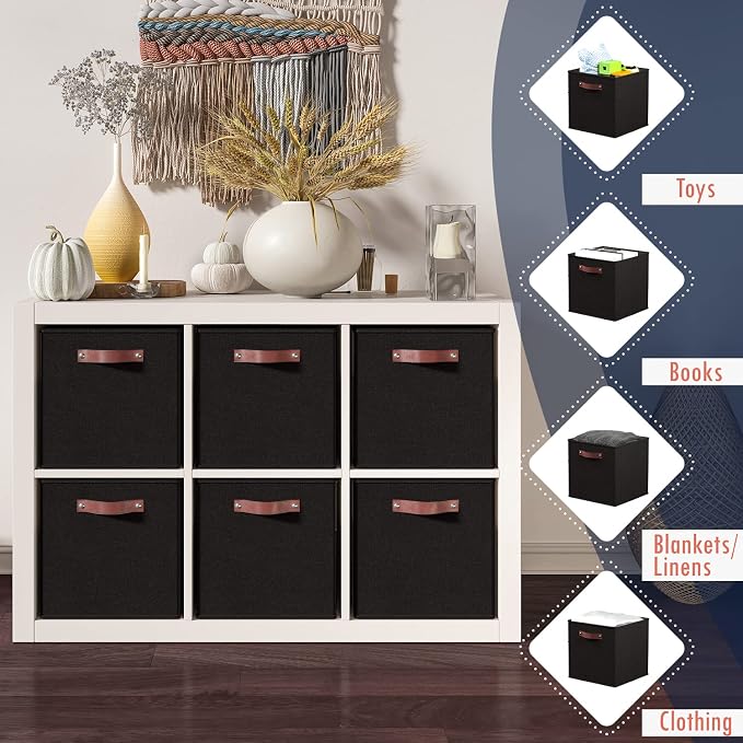 Ornavo Home 13x13 Foldable Fabric Storage Cube Bins, 6 Pack, Black | Collapsible Linen Shelf Basket Organizer; Leather Handles; Ideal Cube Storage For Closet