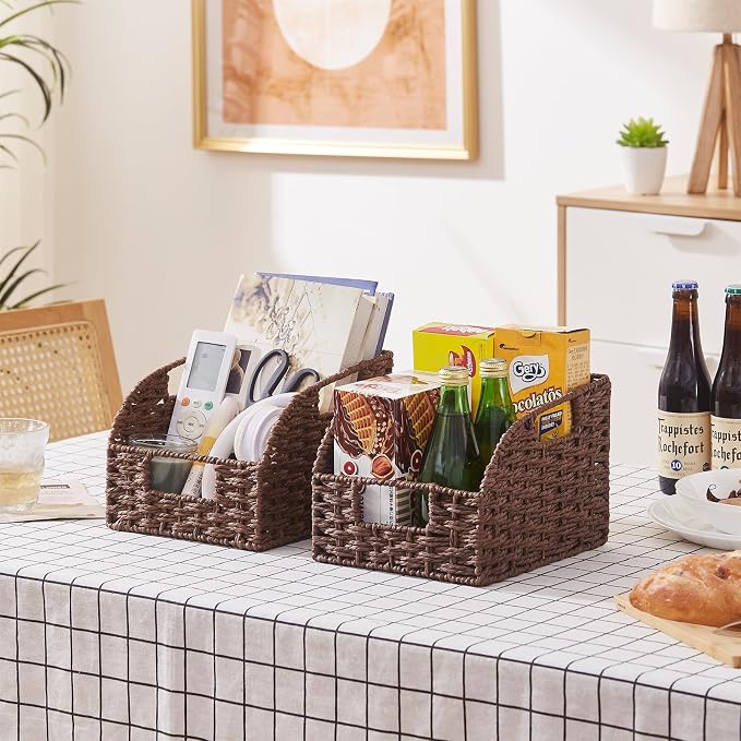 OIAHOMY Pantry Baskets for Organizing, Paper Rope Baskets with Built-in Handles, Wicker Storage Bins for Shelves, 2 Pack-Brown