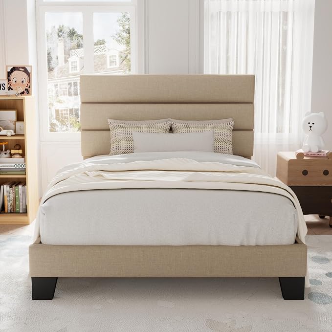 Allewie Twin Size Platform Bed Frame with Fabric Upholstered Headboard | Wooden Slats Support, Fully Upholstered Mattress Foundation, No Box Spring Needed, Easy Assembly, Noise-Free, Beige