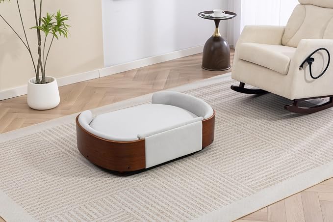 Scandinavian Style Elevated Dog Bed Pet Sofa with Solid Wood Legs and Bent Wood Back, Velvet Cushion, Large Size, Walnut Frame & Beige Cushion