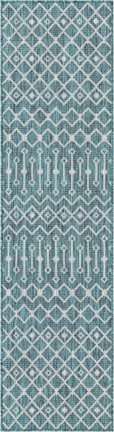 Unique Loom Outdoor Trellis Collection Area Rug - Tribal Trellis (2' x 8' Runner, Teal/ Ivory)