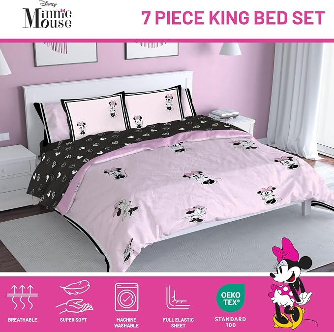 Jay Franco Kids Comforter Set Includes Sheets and Pillow Covers - Soft and Cozy Bed Set for Stylish Room Decor, Official Licensed Bedding, Multi - Minnie Mouse, 7 Piece King