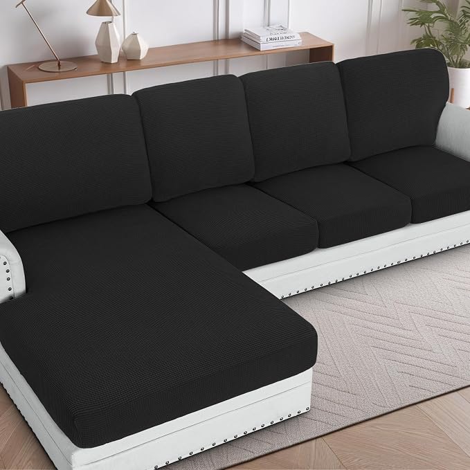 H.VERSAILTEX Sectional Couch Covers 1 Piece Chaise Slipcover L Shape Separate Cushion Couch Cover for Both Left/Right Sectional Couch (Seat Only: 1 Chaises, Black)