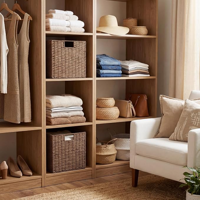 StorageWorks 13 inch Cube Storage Bins,Wicker Baskets for Storage,Brown | 2-Pack,Foldable Square Baskets,Wicker Storage Baskets for Organizing,Paper Rope Square Storage Cubes,Cube Storage Bins