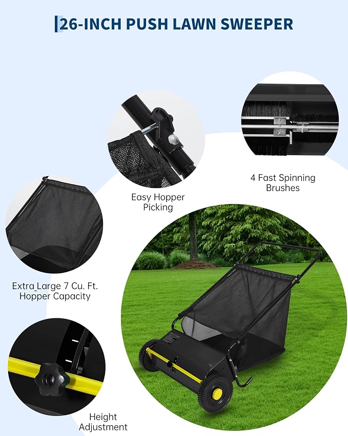 26 Inch Push Lawn Sweeper, 7 Cu.ft Large Capacity Leaf Collector with 4 Spinning Brushes, Adjustable Height Heavy Duty Steel Frame Lawn Sweeper with Rubber Wheels for Yard Garden Grass Leaves Debris