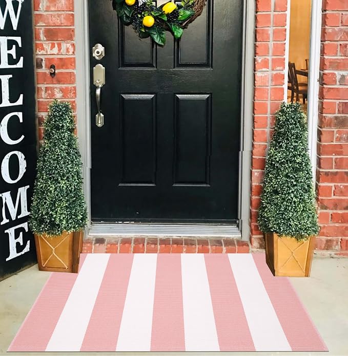 Outdoor Front Door Mat 24"x35",Cotton Woven Washable Striped Layered Doormat Pink and White Indoor Outdoor Area Rug for Entryway Porch Decor Home Entrance