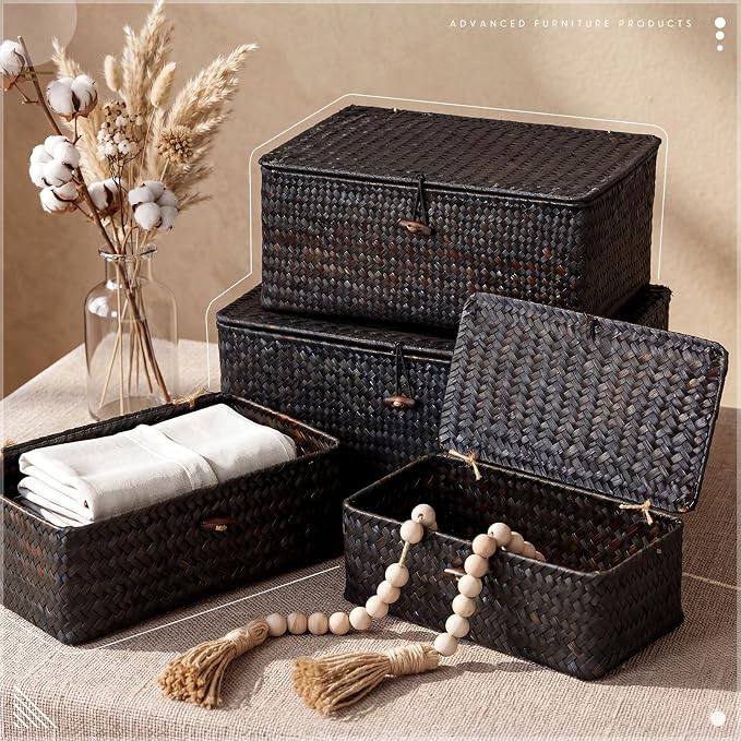 Woanger Set of 4 Wicker Baskets with Lids, Nautral Seagrass Storage Baskets, Woven Rectangular Basket Bins, Rattan Storage Organizer for Shelf Closet Bedroom(Black)