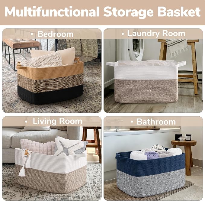 Goodpick 75L Extra Large Woven Storage Basket, 22" x 17" x 12", Light Brown | Rectangle Cotton Rope Basket, Blankets, Pillows & Toys Storage, Living Room & Bedroom Organization, Natural Home Decor
