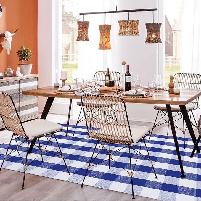 SEEKSEE Buffalo Plaid Rug 4' x 6' Blue and White Large Front Door Mat, Layering Area Rug, Summer Rug for Outdoor Patio Entryway Indoor Living Room Kitchen Dining Room Decor