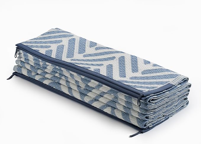 FH Home Outdoor Camping Rug - Waterproof, Fade Resistant, Reversible - Premium Recycled Plastic - Herringbone - Large Patio, Deck, Sunroom, RV - Fresno - Light Blue - 9 x 12 ft Foldable
