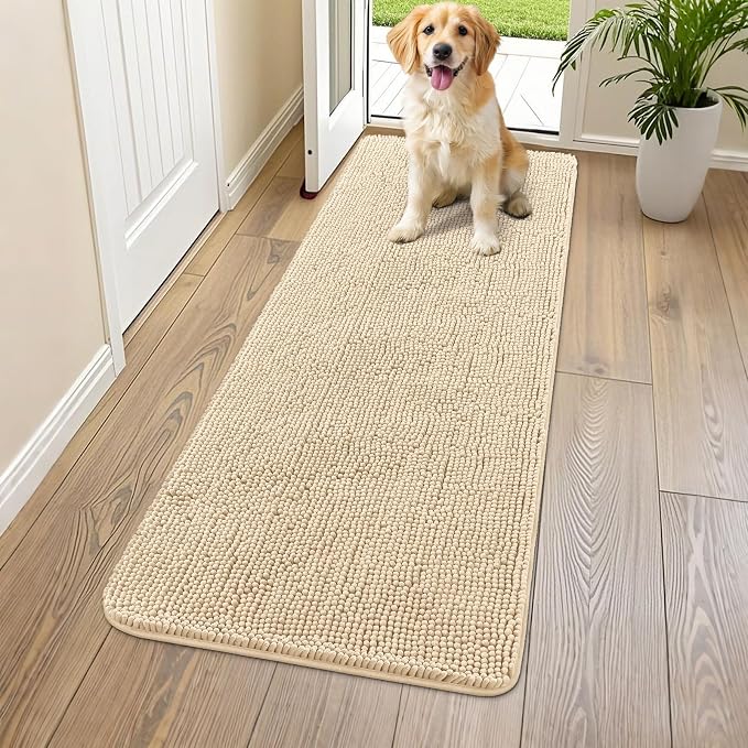 Smiry Dog Door Mat for Muddy Paws 59x24, Absorbent Dirt Trapper, Non-Slip Washable Chenille Entryway Rug for Inside Floor, Beige, Classic Solid