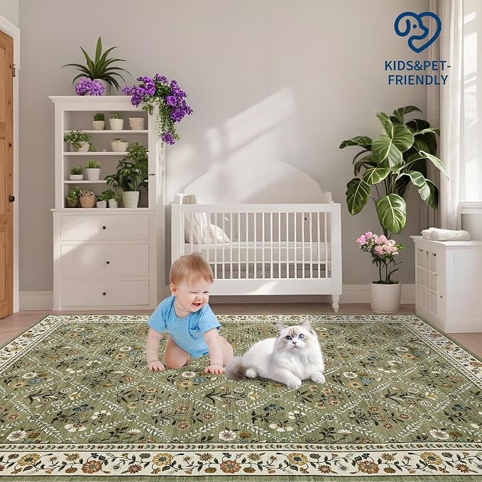 GarveeHome Floral Washable Entryway Rug Non-Slip 2x3 Front Door Mat Vintage Low-Pile Small Area Rugs Soft Non-Slip Indoor Stain Resistant Entry Mat for Entrance Bedroom Bathroom Green