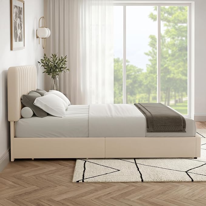 VECELO Full Size Upholstered Bed Frame with 4 Drawers and Headboard, Velvet Platform Storage Bedframe, Wooden Slats Support, No Box Spring Needed,Beige