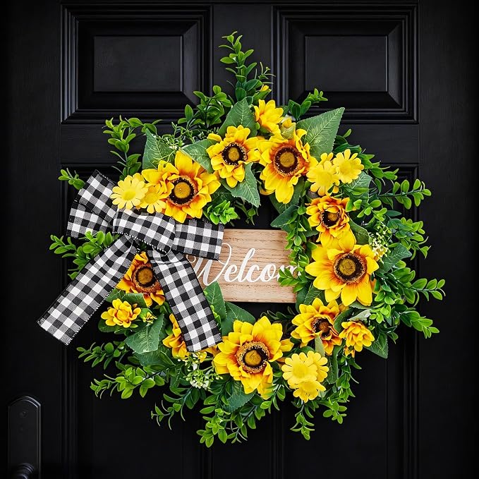 Garvee 20 Inch Sunflower Wreath with Welcome Sign, Spring Summer Wreaths for Front Door with Yellow Blooms and Buffalo Plaid Bow, for Farmhouse Porch Window Wall Home Decor
