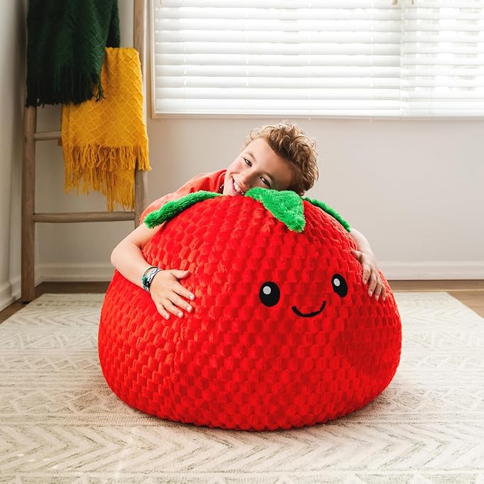 Big Joe Strawberry PlushiPals Super Soft Bean Bag Chair for Kids, Ultra-Soft Plush Polyester Blend, 2.5 feet Refillable | 2.5 feet, Polystyrene Bean Filled, Refillable, Snuggle Puff, Safe for Kids Ages 3 and Up, Supports Up to 150 lbs