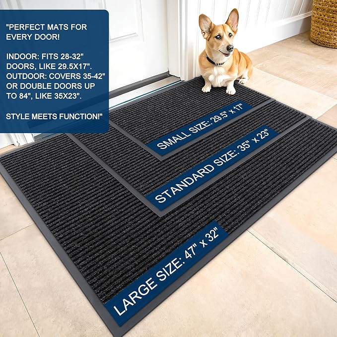 OLANLY Front Door Mat Indoor Outdoor Entrance, Waterproof Heavy Duty Doormat, Fade Resistant, Low Profile, Easy Clean Patio Porch Welcome Floor Mats for Entry, 47x34, Off-Black