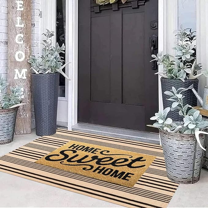 Black and Tan Outdoor Rug 2'x4',Striped Front Porch Rug Machine Washable Front Door Mat Entryway Throw Rug for Front Porch Indoor Outdoor Doormat
