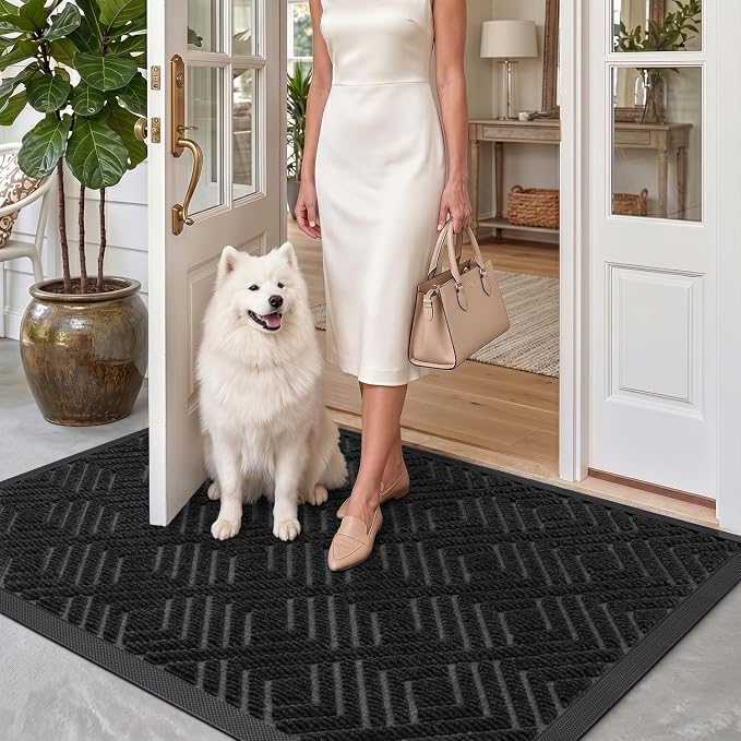 DEXI Front Door Mat Outside Entrance, 32x48 Heavy Duty Entry Doormat Dirt Trapper with Rubber Back, Non Slip Low Profile Floor Mats for Entryway Exterior Patio, Checkered Black