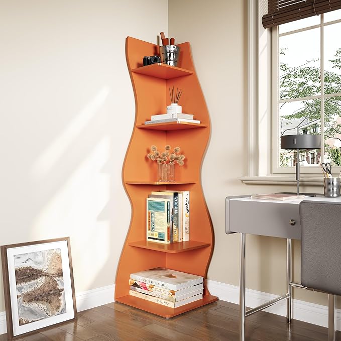 LITTLE TREE Small Corner Shelf, Modern 5-Tier Wall Corner Bookshelf, Stylish Bookcase Storage Rack for Small Space, Living Room, Bedroom, Orange, 2 Pack