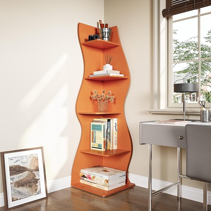 LITTLE TREE Small Corner Shelf, Modern 5-Tier Wall Wavy Corner Bookshelf | Stylish Bookcase Storage Rack for Small Space, Living Room, Bedroom, Orange