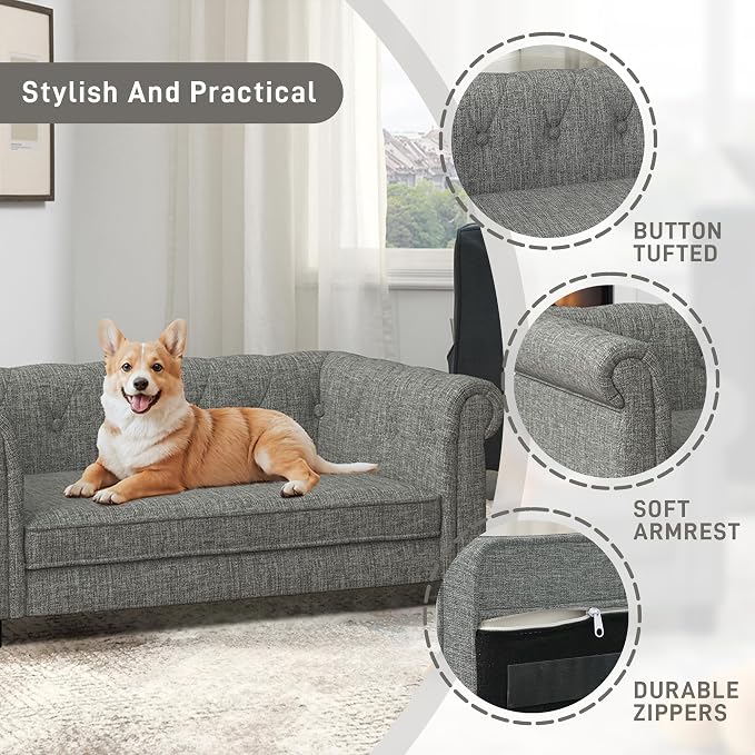 Dog Sofa Couch for Small to Medium Dogs, Memory Foam Dog Couch with Washable Fabric, Removable Cushion, Sofa Bed for Medium Dogs, Light Gray