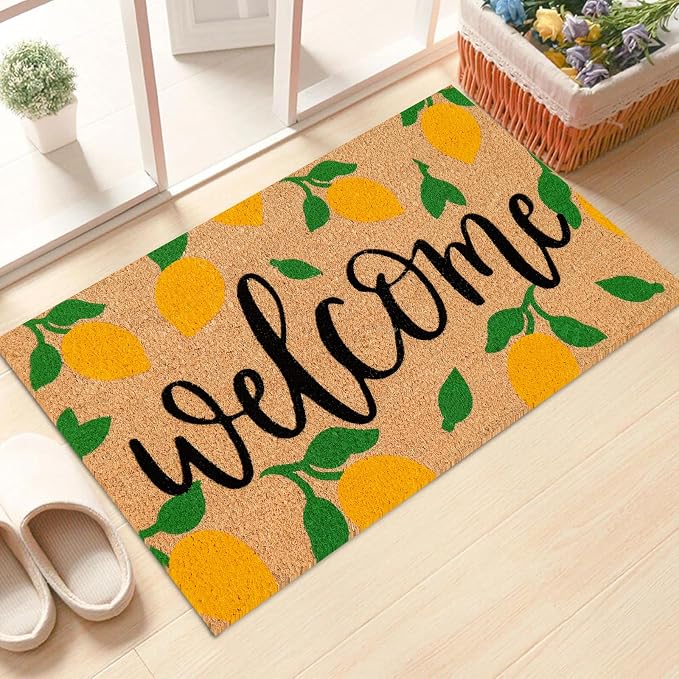 JarThenaAMCS Lemon Natural Coir Door Mat Yellow Summer Lemon Welcome Floor Mat Non-Slip Entrance Door Rugs for Indoor Outdoor Home Bathroom Decor, 16.5 x 29 Inch