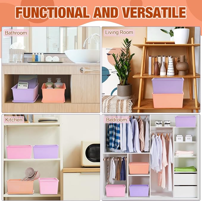 Menkxi 6 Pcs Storage Bins with Lids Small Plastic Storage Containers Stackable Storing Baskets Box Cute Organizer Bins for Organizing Shelves (Pink,Purple)
