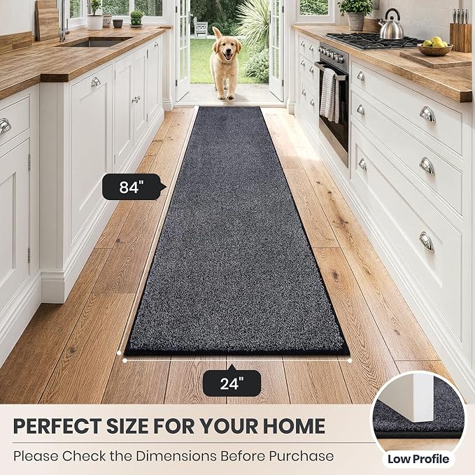PURRUGS Dirt Trapping Door Mat 24" x 84", Non-Slip Machine Washable Entryway Rug, Dog Doormat, Indoor Front Door Mat, Super Absorbent Entry Rug for Muddy Shoes & Paws, Bluish Grey-Black