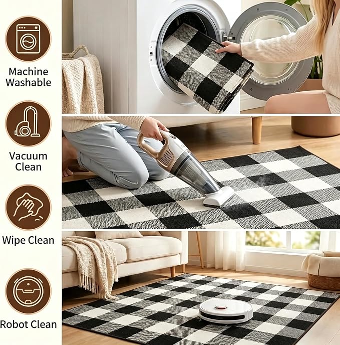 Buffalo Plaid Rug 4' x 6' Black and White Front Door Mat Reversible Layered Porch Rug Washable Hand Woven Cotton Area Rug for Indoor Outdoor Living Room Dining Room Bedroom Kitchen Porch Decor
