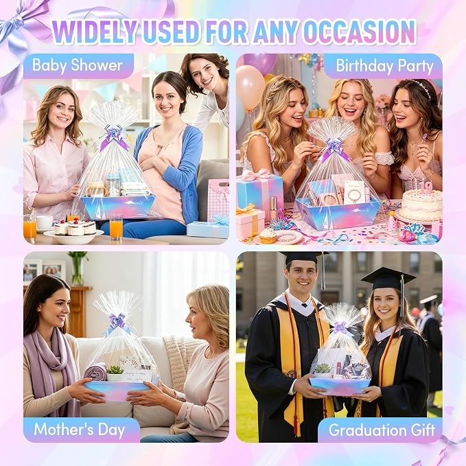 AFOROEOA 20PACK Laser Baskets For Gifts Empty, 12x10x4” Holographic Iridescent Gift Basket Kit with 20 Bows & 20 Bags - Bulk Empty Gift Baskets to Fill for Large Weddings, Parties