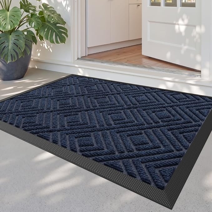 DEXI Front Door Mat Outside Entrance, 2x3 Heavy Duty Entry Doormat Dirt Trapper with Rubber Back, Non Slip Low Profile Floor Mats for Entryway Exterior Patio, Checkered Navy