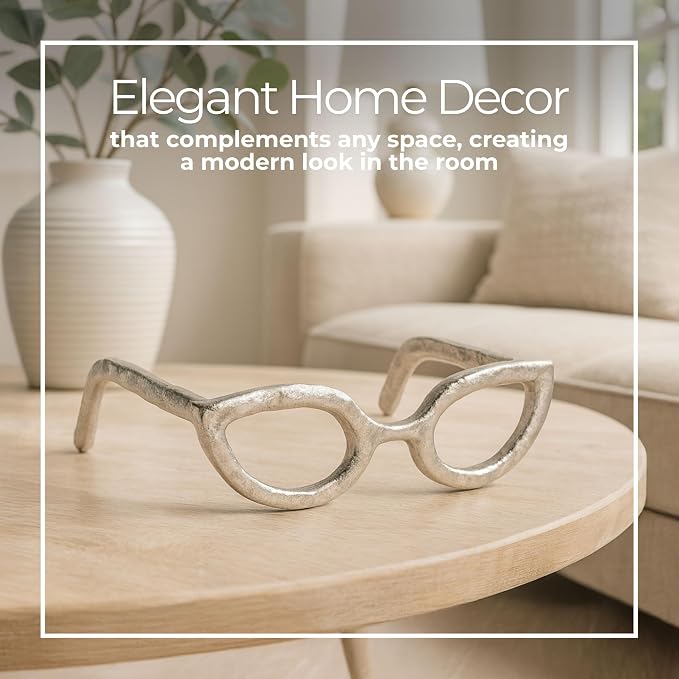 Cateye Glasses Decorative Object – Aluminum Sculpture Modern Home Decor Ornament – Shelf Styling & Coffee Table Decor for Bathroom, Office & Living Room – 7"x3", Silver