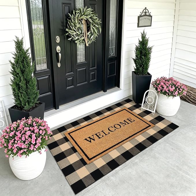 KOZYFLY Buffalo Plaid Area Rugs 3x5 ft Brown and Black Washable Front Door Mat Woven Cotton Indoor Outdoor Rug for Front Porch Kitchen Entryway Patio Farmhouse Checkered Doormat