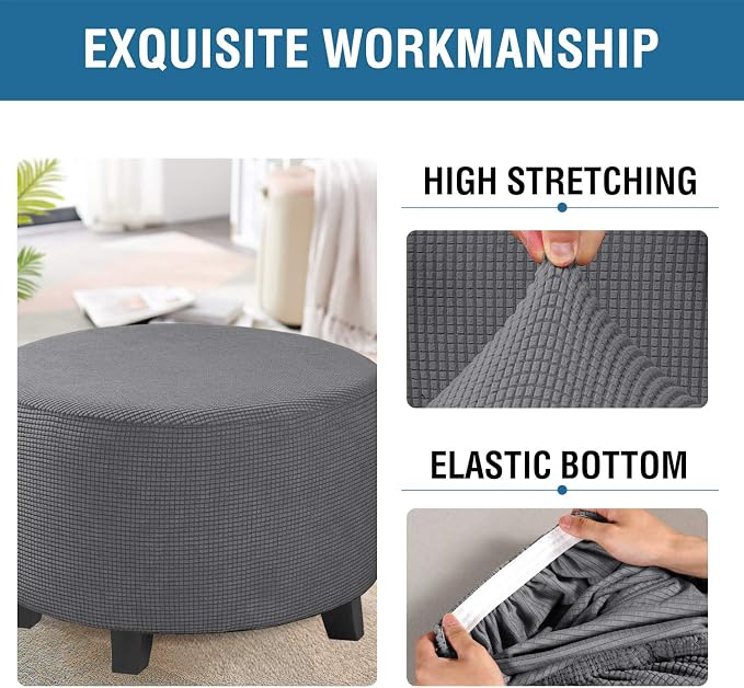 H.VERSAILTEX Ottoman Cover Stretch Ottoman Slipcover Round Ottoman Storage Cover Folding Stool Covers Furniture Protector Cover for Footrest Ottoman Fit Dia 30" - 41", Gray