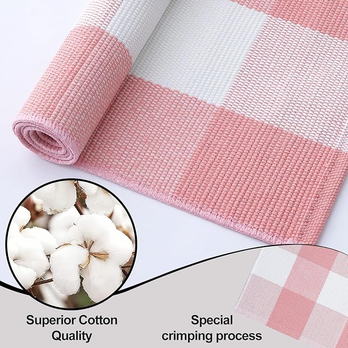 OLANLY Buffalo Plaid Rug 2'4" x 3'7" (27.5" x 43") – Pink and White Cotton Checkered Doormat, Washable Indoor Outdoor Rug for Layered Front Porch, Kitchen, Entryway Decor