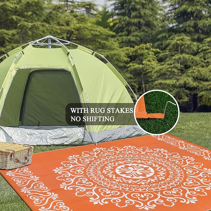 Pauwer Outdoor Rug 6x9, Waterproof Plastic Camping Rug, Floral Orange | Reversible Patio Rug, UV Resistant Indoor Outdoor RV Mat Carpet For Deck, Camper, Porch, Balcony, Backyard, Picnic, Foldable