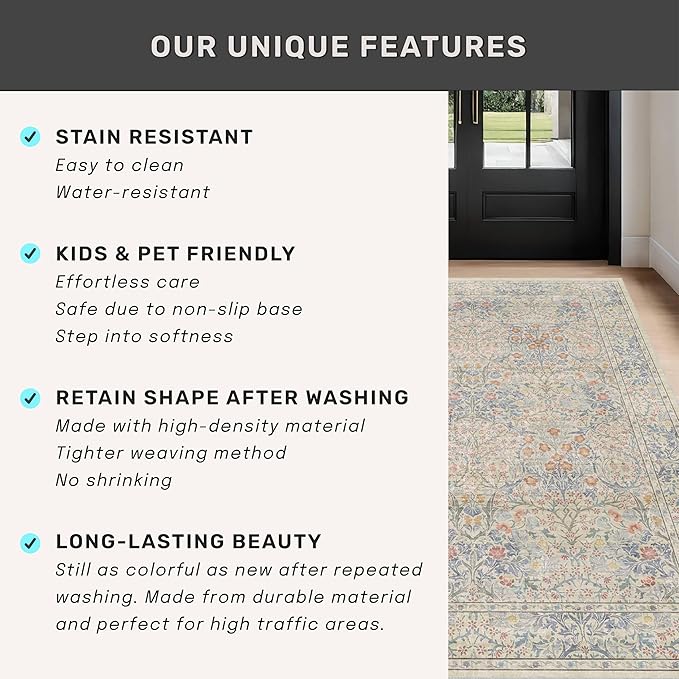 Hazo Haus Boho Beige Blue Living Room Rug 6x8 - Vintage Retro Floral Paste Neutral, Washable Low Pile Non-Slip Large Area Rugs for Dining Under Table, Bedroom