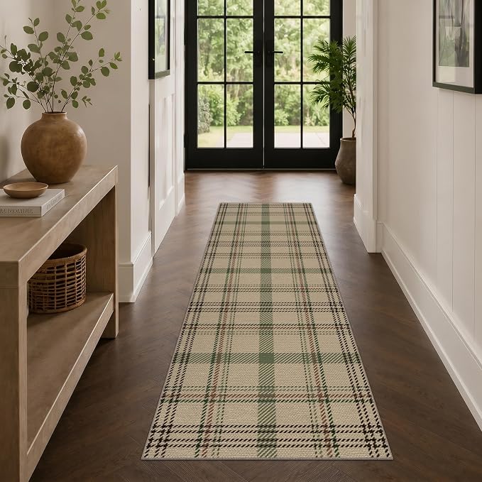 JTJ Plaid Easy Jute 2x6 Runner Rug, Washable Outdoor Runner Rug for Kitchen, Entryway and Front Door, Indoor Outdoor Farmhouse Non Slip Hallway Rug, Green
