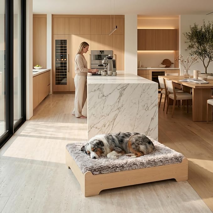 Elevated Wooden Dog Bed with Foam Mattress, Natural Wood, Medium | Raised Dog Bed with Washable Cover and Supportive Foam Mattress, Crafted for Medium Dogs and Modern Homes