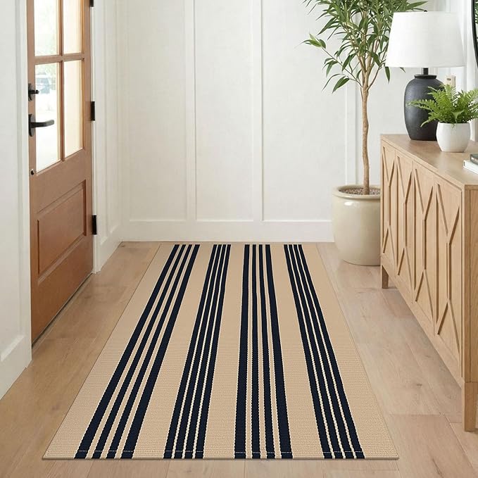 KILOCOCO Striped Rug 3x5 ft Washable Front Door Outdoor Rug, Brown Black | Cotton Layered Doormats, Washable Front Porch Rug, Woven Low Pile Welcome Mat for Kitchen Entryway Farmhouse Patio