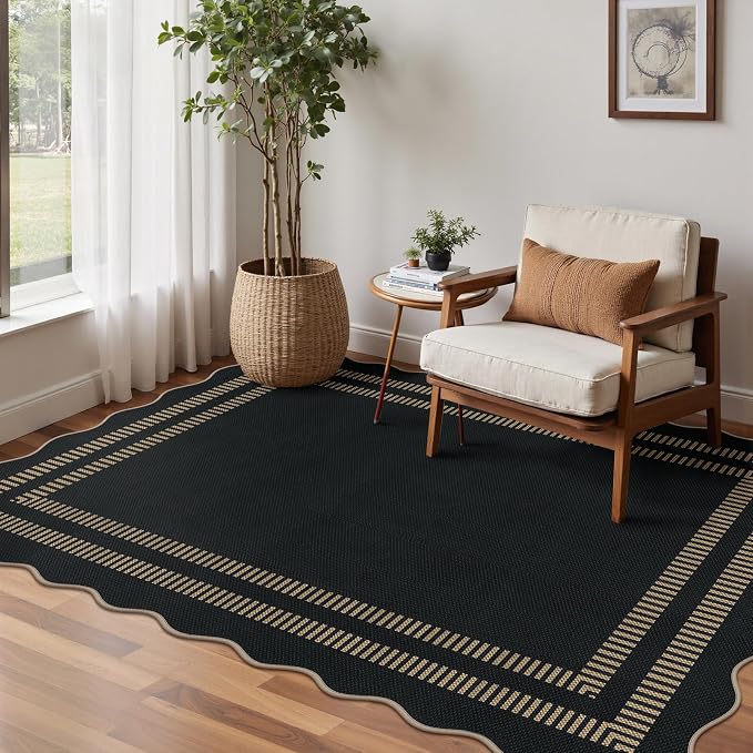 Scalloped Modern Easy Jute Carpet, 4x6 Outdoor Patio Washable Area Rug, Indoor Black Kitchen Rugs Farmhouse Neutral Non Slip Rug for Living Room Patio Entryway