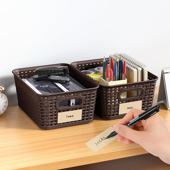 8 Pack Plastic Storage Baskets,Brown Stackable Storage Bins | 5.3qt Storage Containers with Labels for Organizing Shelves Drawers Desktop Closet Playroom Classroom Office