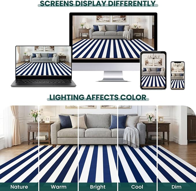 KOZYFLY Striped Rug 3x5 Front Door Rugs Blue White Cotton Woven Washable Indoor Outdoor Rug Entrance Doormat for Front Porch Kitchen Patio Decor Outdoor Mat
