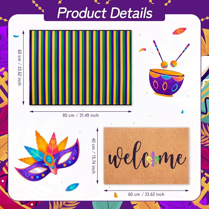 2 Pcs Mardi Gras Welcome Doormat, Welcome Mardi Gras Masks Mat, Carnival Fleur De Lis Non Slip Coir Mat Floor Striped Layering Doormats Seasonal for Front Porch Entryway Decor 24" x 32"