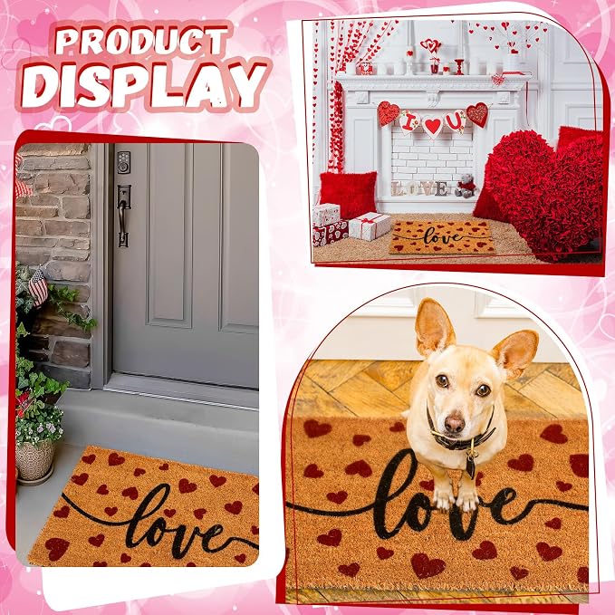 Ceenna Valentine's Day Doormat Outdoor Valentine's Coir Doormat with Non-Slip Backing Red Heart Love Valentines Day Outdoor Mat Front Porch Rugs for Home Entrance, 16 x 28 Inches